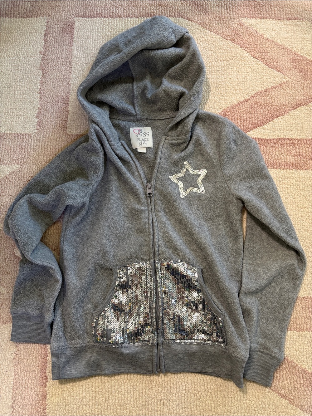 The Children's Place Gray Hooded Zip-Up Sweatshirt with Sequin Star